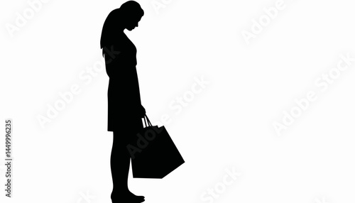 Woman holding shopping bag silhouette on white background, minimalism