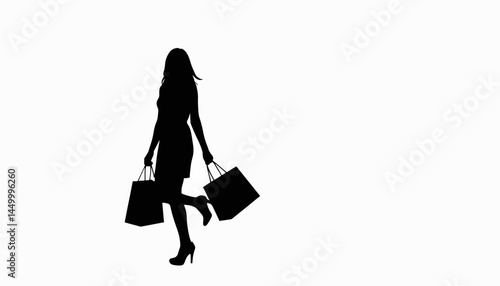Stylish woman shopping happily with bags, minimalist silhouette