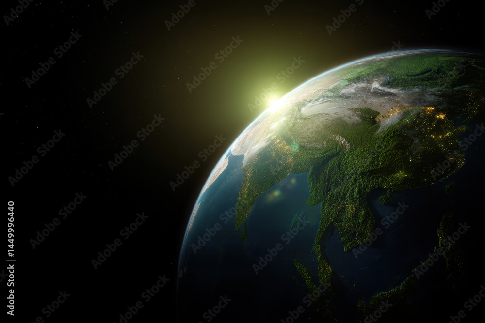 Fototapeta premium Sunrise over Earth from space showing Asia with illuminated cities and green land, capturing beauty and vastness of planet in cosmic view