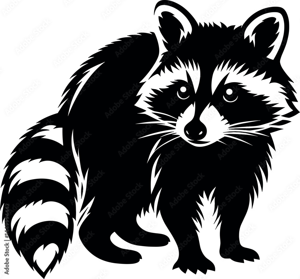 Obraz premium Raccoon Vector Silhouette, Cute Forest Raccoon Clipart for T-Shirts, Masked Woodland Animal Design, Raccoon Cricut Cut File for Wildlife Art, Rustic Nature Decor, Stickers, and Craft Print Projects