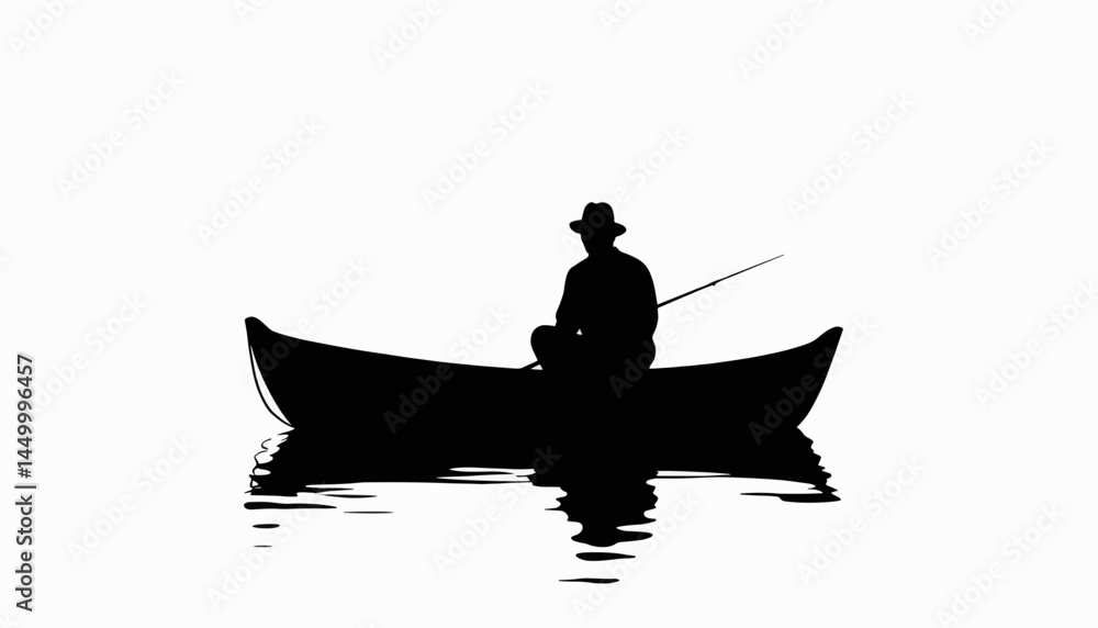 Fisherman silhouette casting line in small boat, tranquil waters Fisherman silhouette casting line in small boat, tranquil waters