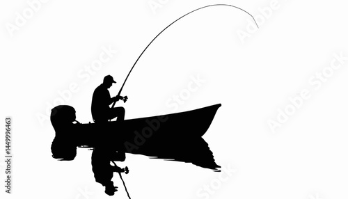 Angler reeling in fish from small boat silhouette, fishing concept