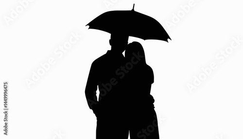 Silhouetted couple embracing under umbrella, love and connection
