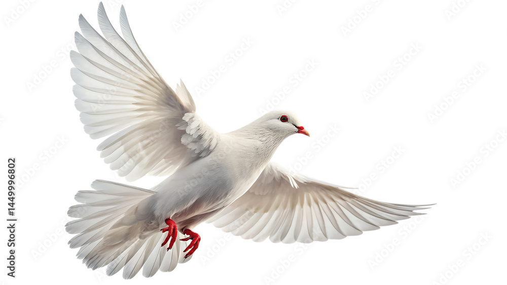 Obraz premium A pristine white dove in graceful flight, symbolizing peace and hope against a pure white background.