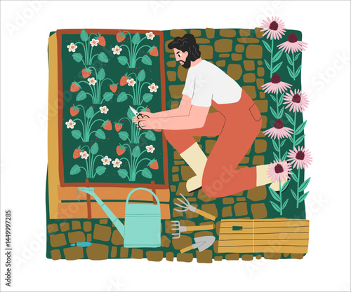 Cute illustration of a farmer working in the garden. Great for agricultural, organic lifestyle, and rural living concepts