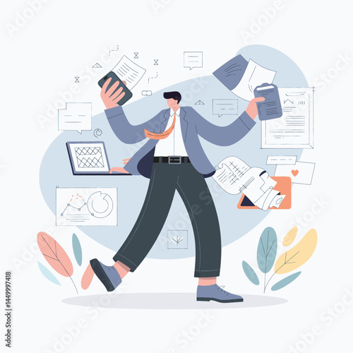 businessman with many hands is busy illustration design on white background