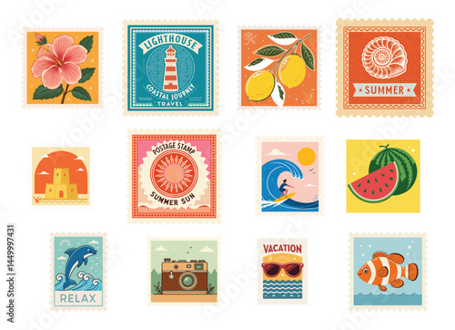 Retro Summer Vacation Postage Stamp Collection Illustration. Vintage Style. Isolated on transparent