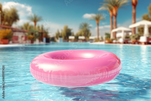 Pink Inflatable Pool Ring Floating in Clear Blue Water with Palm Trees in the Background – Vibrant Summer Vacation Concept