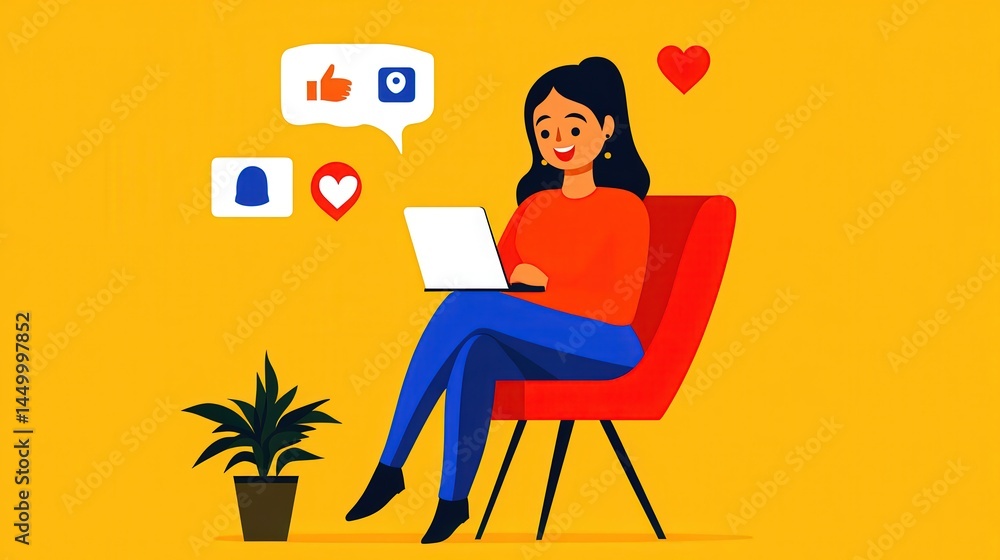 Woman Relaxing at Home, Using Laptop and Receiving Social Media Notifications Woman Relaxing at Home, Using Laptop and Receiving Social Media Notifications