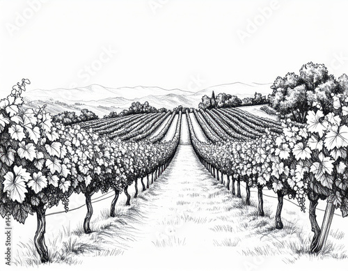 Vineyard landscape pencil drawing with detailed shading and peaceful atmosphere