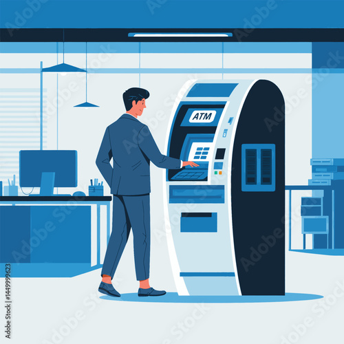 businessman withdrawing money from Automatic Teller Machine design flat on office background