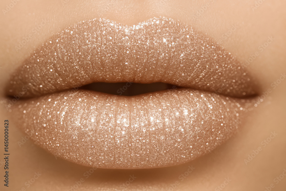 Fototapeta premium Close-up of glossy nude lips covered in golden glitter, showcasing luxurious and glamorous lip makeup.
