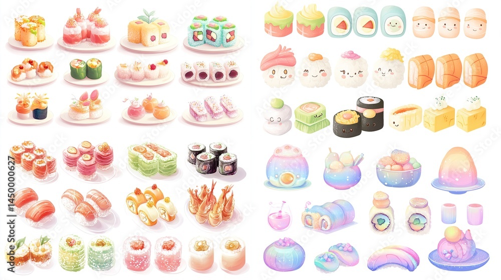 Colorful array of sushi and Asian-inspired food illustrations. Various types of rolls, nigiri, and desserts depicted in pastel colors Colorful array of sushi and Asian-inspired food illustrations. Various types of rolls, nigiri, and desserts depicted in pastel colors