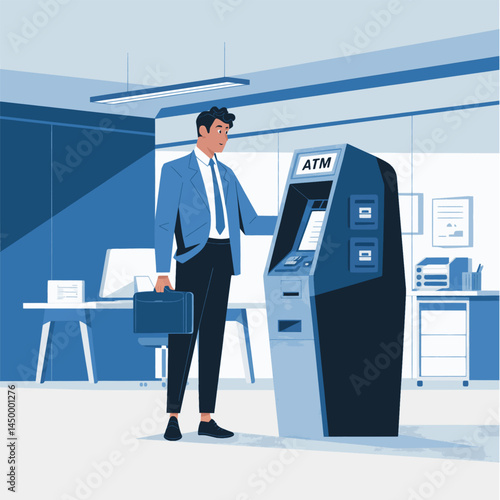 businessman withdrawing money from Automatic Teller Machine design on office background