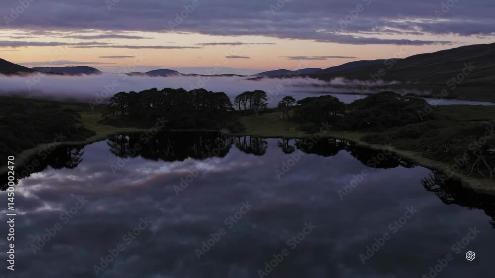 Enchanted Loch at Dusk with Mist Rolling Over the Landscape Enchanted Loch at Dusk with Mist Rolling Over the Landscape