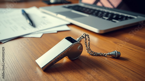 A close-up of a silver whistle on a wooden desk, surrounded by papers and a laptop, symbolizing courage and exposing truth in the workplace.