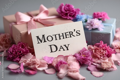 A thoughtful Mother's Day setup with a greeting card resting on soft flower petals, complemented by colorful wrapped gifts, creating a loving and festive vibe for the special occasion.