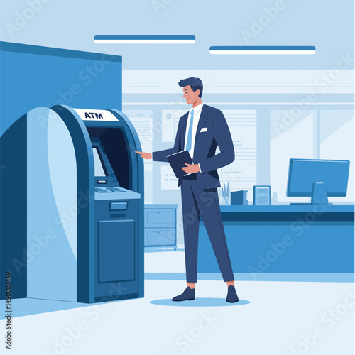 businessman withdrawing money from Automatic Teller Machine flat illustration
