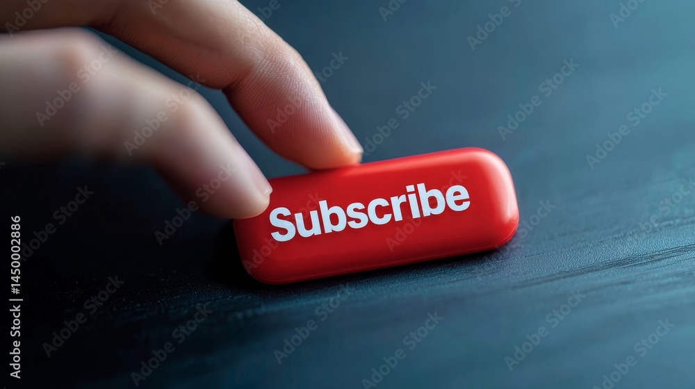 Obraz premium Subscribe Button Concept: A Hand Reaches for the Red Subscribe Button on a Dark Background, symbolizing online engagement and content creation.