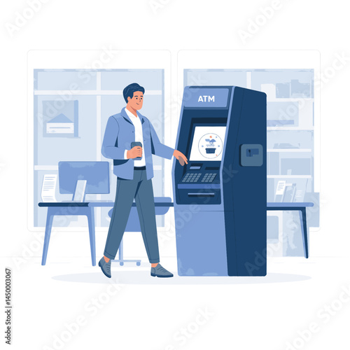 businessman withdrawing money from Automatic Teller Machine illustration design on office background