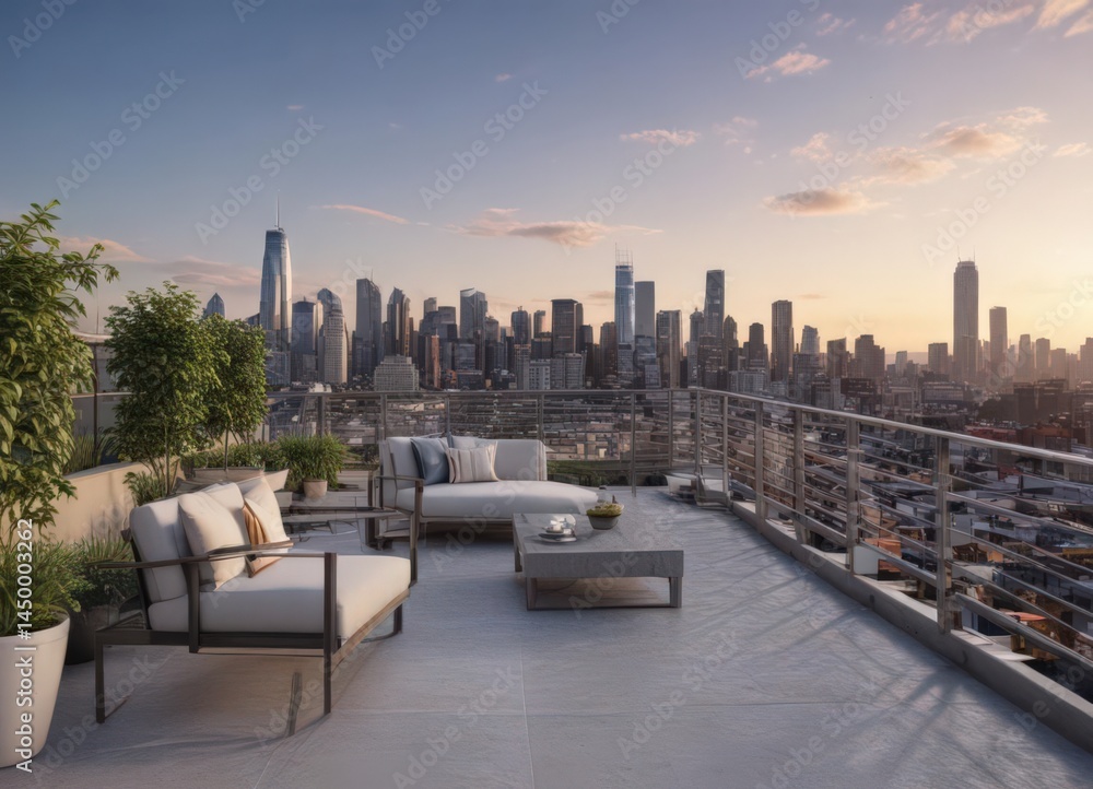 Obraz premium Modern condo unit, city skyline view from rooftop terrace , rooftop, apartment