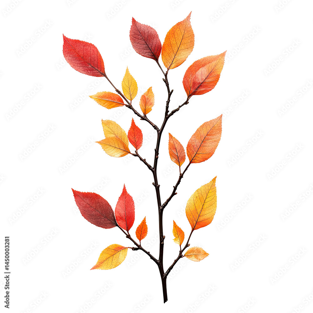 Autumnal branch with vibrant leaves in shades of red, orange, and yellow. Intricate details of the leaves and branches Autumnal branch with vibrant leaves in shades of red, orange, and yellow. Intricate details of the leaves and branches
