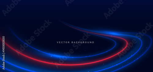 Light blue and red cuved rays glowing on dark blue background. High speed motion moving concept.