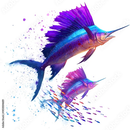 Wallpaper Mural Two Sailfish Swimming with a School of Colorful Fish in an Artistic Watercolor Style. Torontodigital.ca