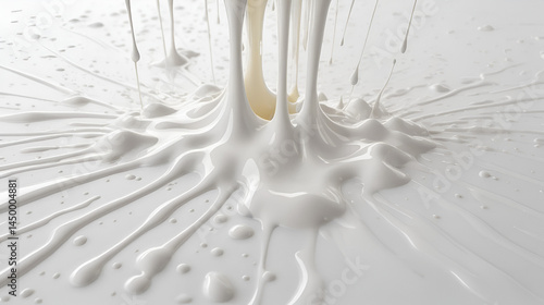 White substance with a lot of splatters and drips, creating a messy and chaotic appearance. The substance appears to be a type of cream or milk, and it seems to be spread out in a haphazard manner