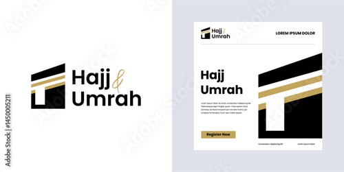Hajj umrah for tour travel in kaaba saudi arabia, Logo icon design sign vector with brochure background, People pray traveling to mecca Al Haram for mabrour muslims, Symbol travel agency arabic makkah