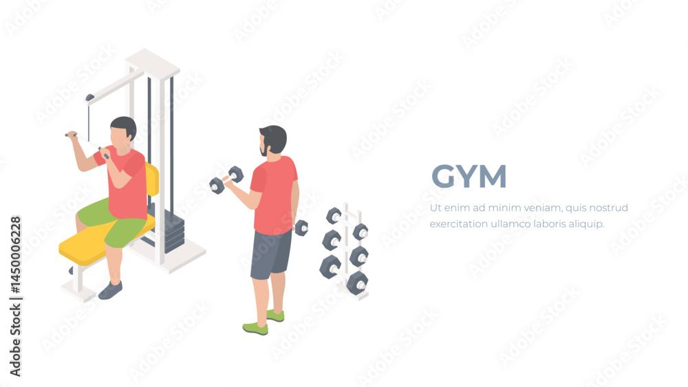Obraz premium pt personal trainer for health sport with modern isometric style. Gym concept characters with exercise machines.