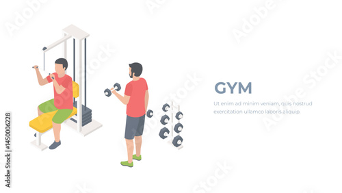 pt personal trainer for health sport with modern isometric style. Gym concept characters with exercise machines.