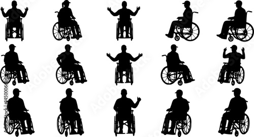 Group people in wheelchair different ages in various poses vector silhouette set collection