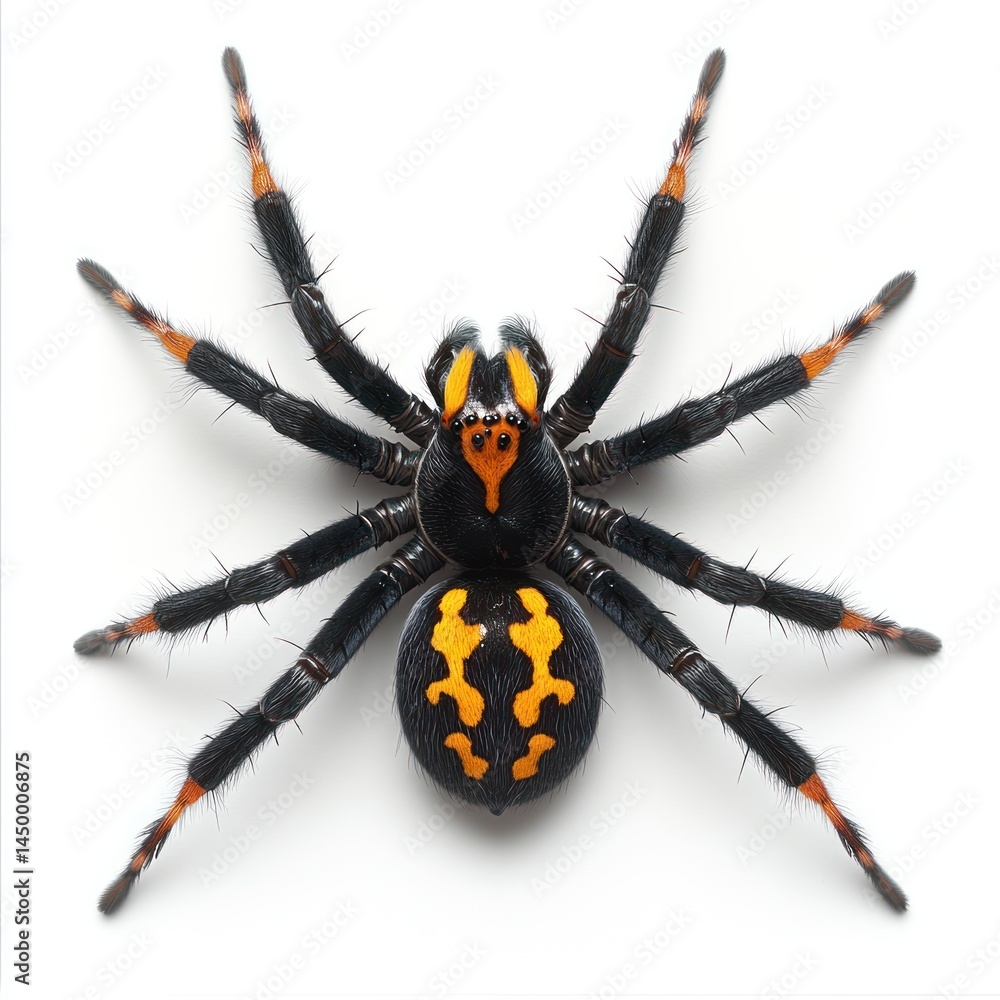 Obraz premium Macro view of a vibrant spider with orange and black patterns on a clean white background showcasing intricate details