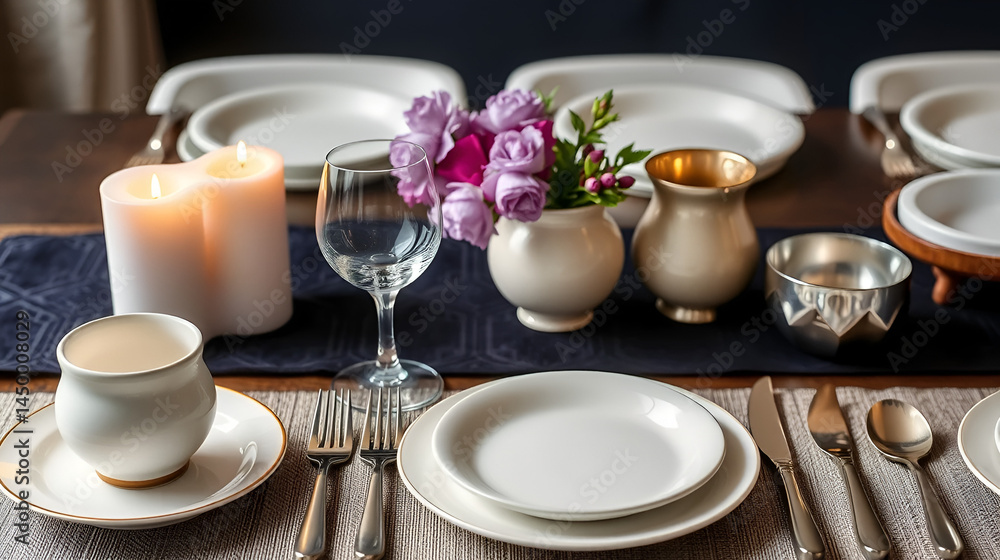 A modern, stylish Passover Seder setup with elegant dishware A modern, stylish Passover Seder setup with elegant dishware