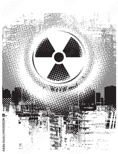 Vector banner on the theme of nuclear war, disaster at the nuclear power plant with a sign of radiation danger on the background of pixels simulating contamination and a cityscape. No AI is used.