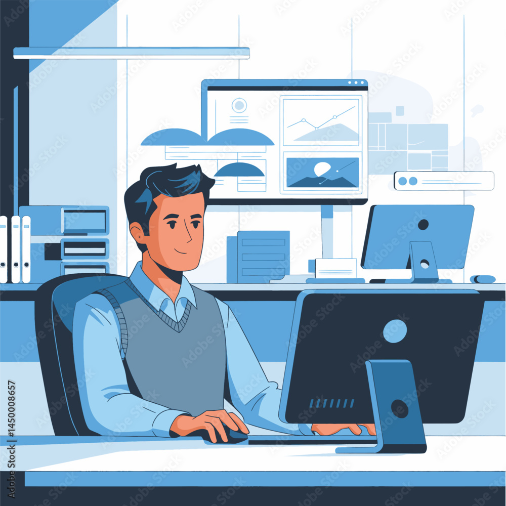 Businessman working with laptop while facing the monitor screen flat illustration Businessman working with laptop while facing the monitor screen flat illustration