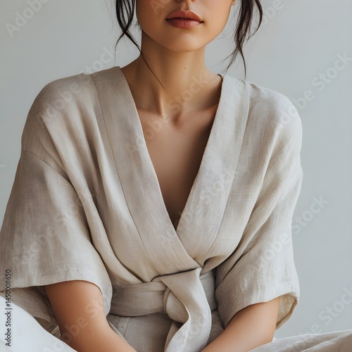 sustainable fashion A woman in a minimalist outfit poses elegantly against a neutral backdrop.