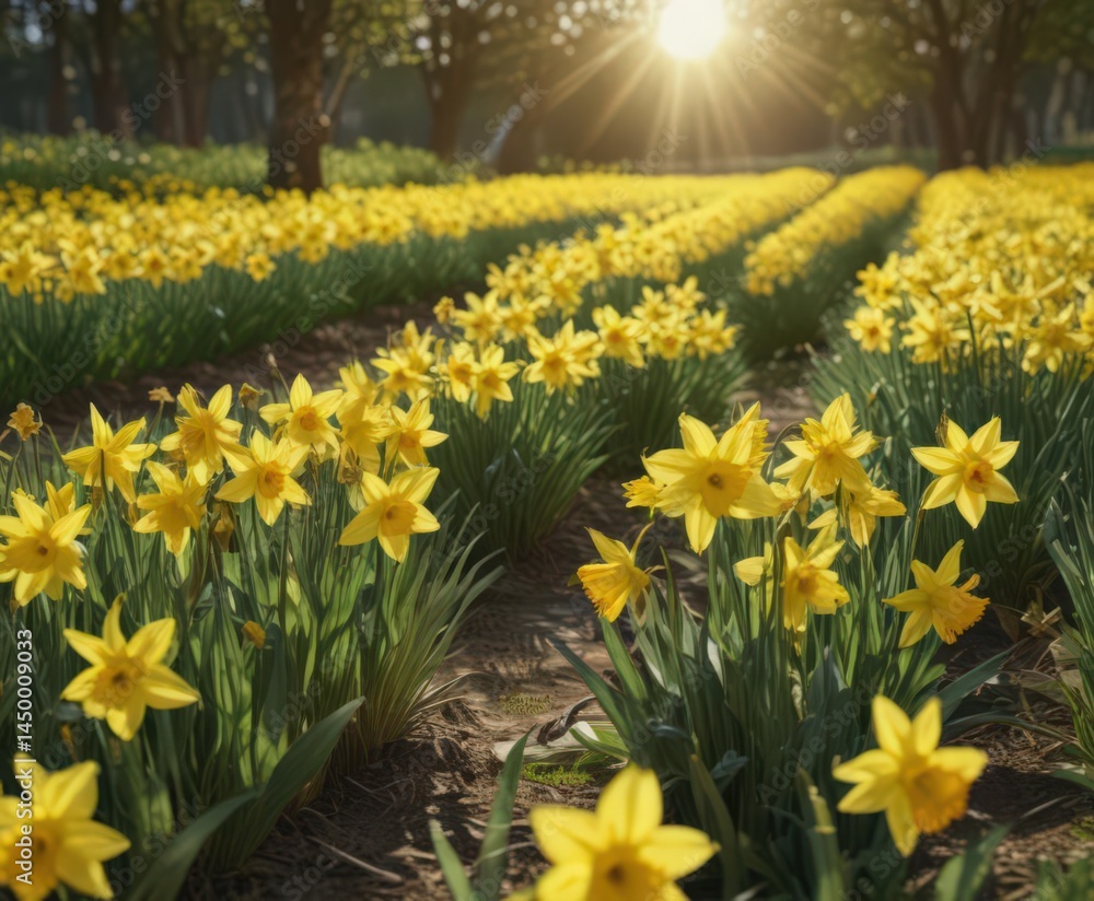 Obraz premium Sunlit daffodils burst forth in vibrant yellow across a verdant field , yellow flowers, wildflowers, nature