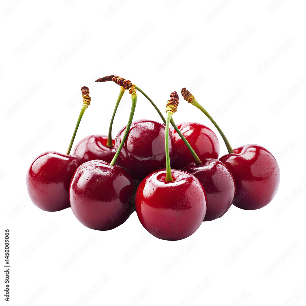 Fresh, ripe cherries clustered together. Stems attached. Deep red color Fresh, ripe cherries clustered together. Stems attached. Deep red color