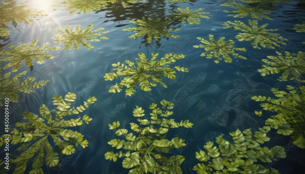 Sunlit pool surface displays a footprint pattern formed by floating aquatic plants and their reflections , flora, organic Sunlit pool surface displays a footprint pattern formed by floating aquatic plants and their reflections , flora, organic
