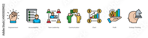 Empowering Leadership icon sheet vector illustration empowerment, accountability, team leadership, communication, chart, profit, strategic thinking
