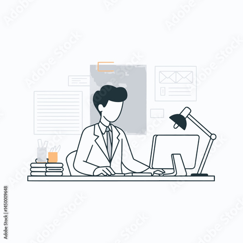Businessman working with laptop while facing the monitor screen illustration design flat