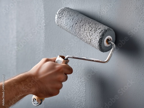 A painter paints the walls with a roller on a handle in gray color in large
