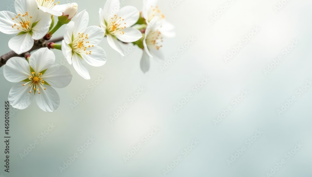 Fototapeta premium Delicate white blossoms against pure white backdrop, pure, gentle