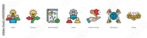 Leadership icon sheet vector illustration leader, decision, business report, leader, problem solving, networking, rating