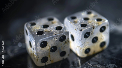 A Moment of Chance: Two Dice Resting on a Wet Surface, Reflecting the Uncertainty and Excitement of Games of Fortune and the Potential for Unexpected Outcomes.
