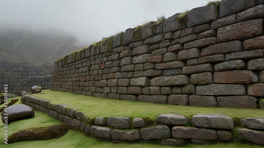 This image shows an ancient stone wall constructed with impressive precision, resembling Inca architecture. The stones are tightly fitted together without the use of mortar, showcasing advanced masonr This image shows an ancient stone wall constructed with impressive precision, resembling Inca architecture. The stones are tightly fitted together without the use of mortar, showcasing advanced masonr