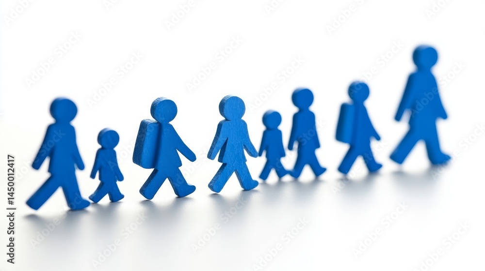 A row of simple blue figures walking in a line. A row of simple blue figures walking in a line.
