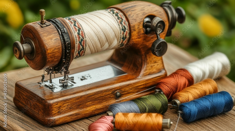 Antique sewing machine with colorful thread Antique sewing machine with colorful thread
